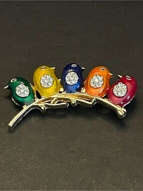Mint Multicolor Enamel Birds on a Branch Brooch w/Crystal Accents Gold-Tone NWT